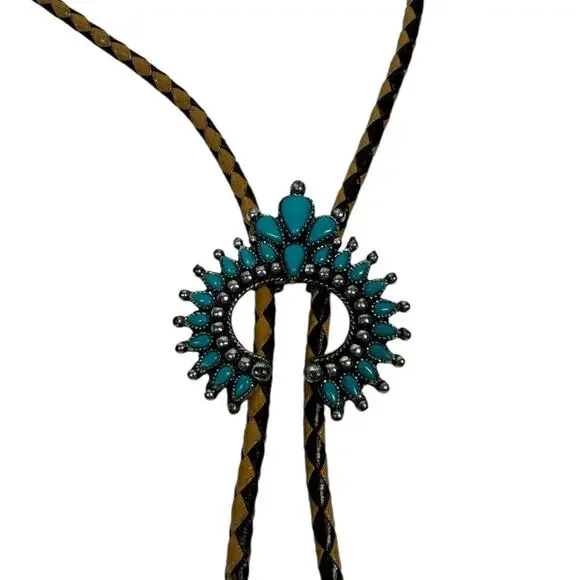 Boho Western Faux Turquoise Bolo Tie Necklace Squash Blossom Brown Tan Rodeo - Picture 3 of 5